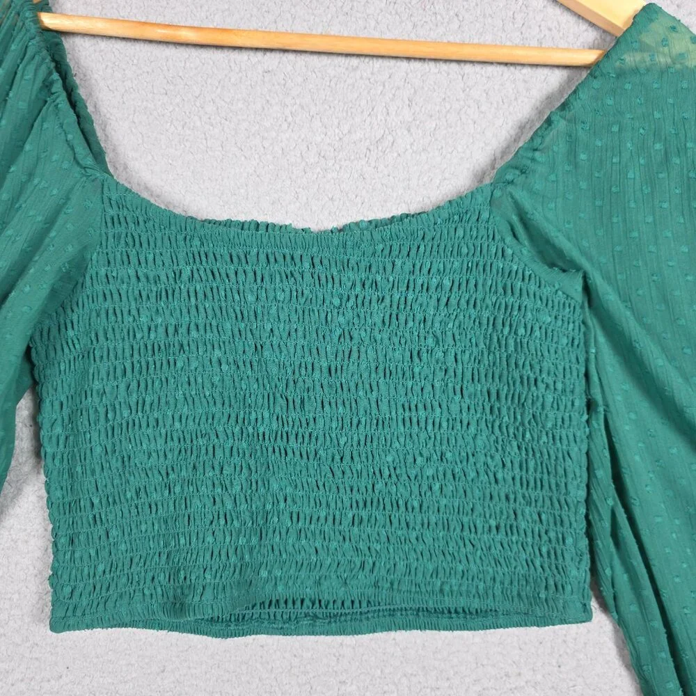 BOG Collective Top Womens Size Medium Pine green Smocked Cropped Blouse BOHO